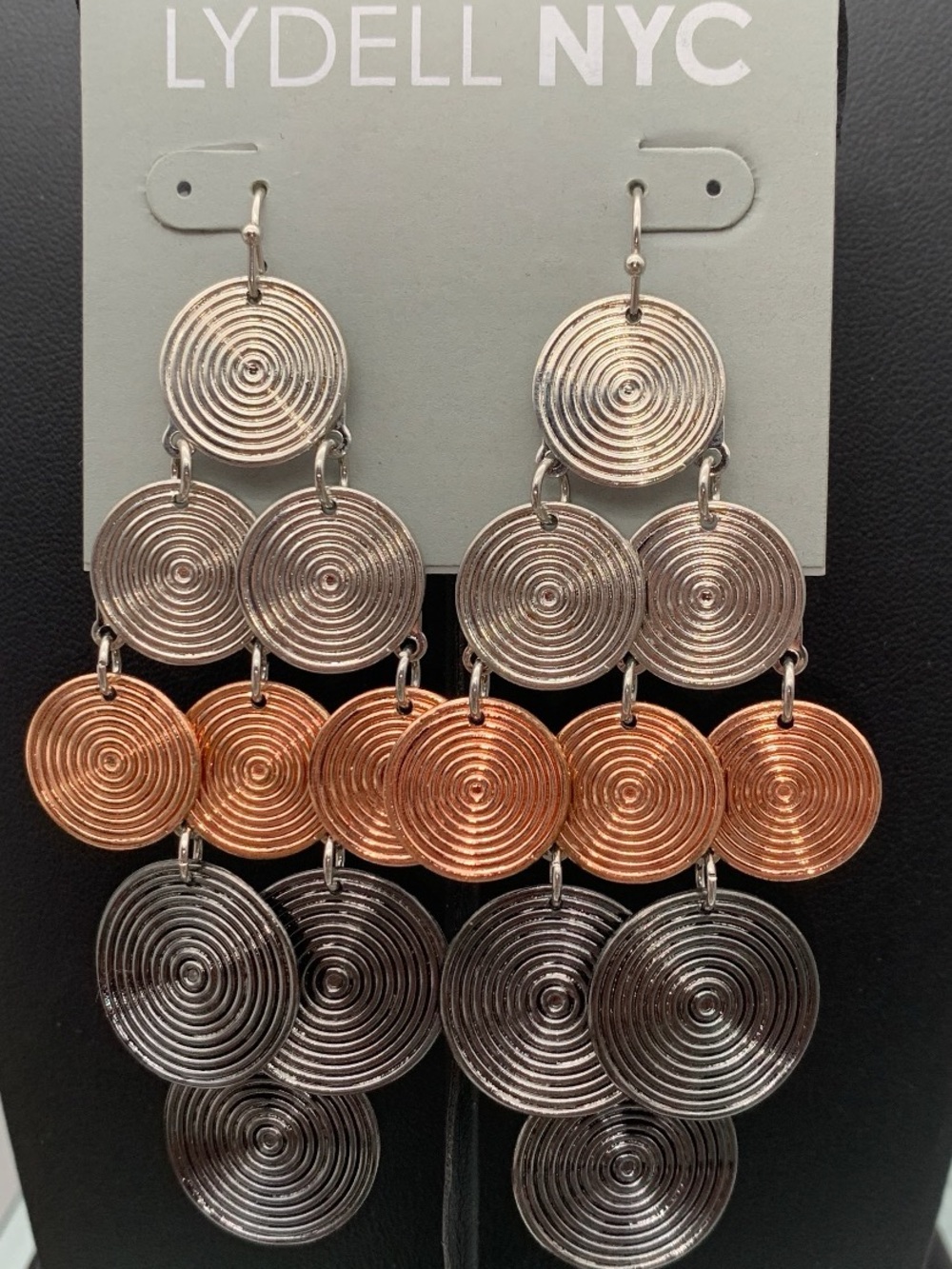 Lydell NYC Multi-Tone Spiral Disc Drop Earrings silver, gunmetal, & copper tone